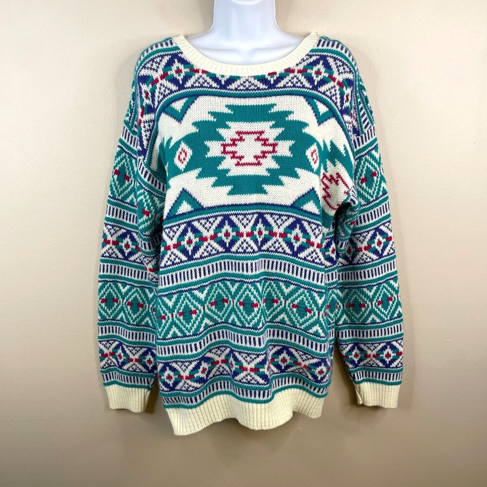 Vintage 90s Aztec Sweater Womens‎ Large Fair Isle Apres Ski Cozy Grunge Pullover